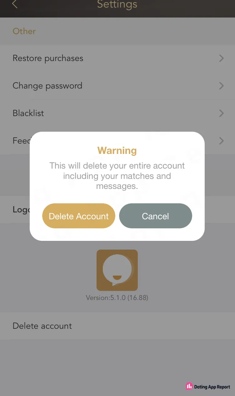 A warning says deleting the account will also delete its matches and messages.