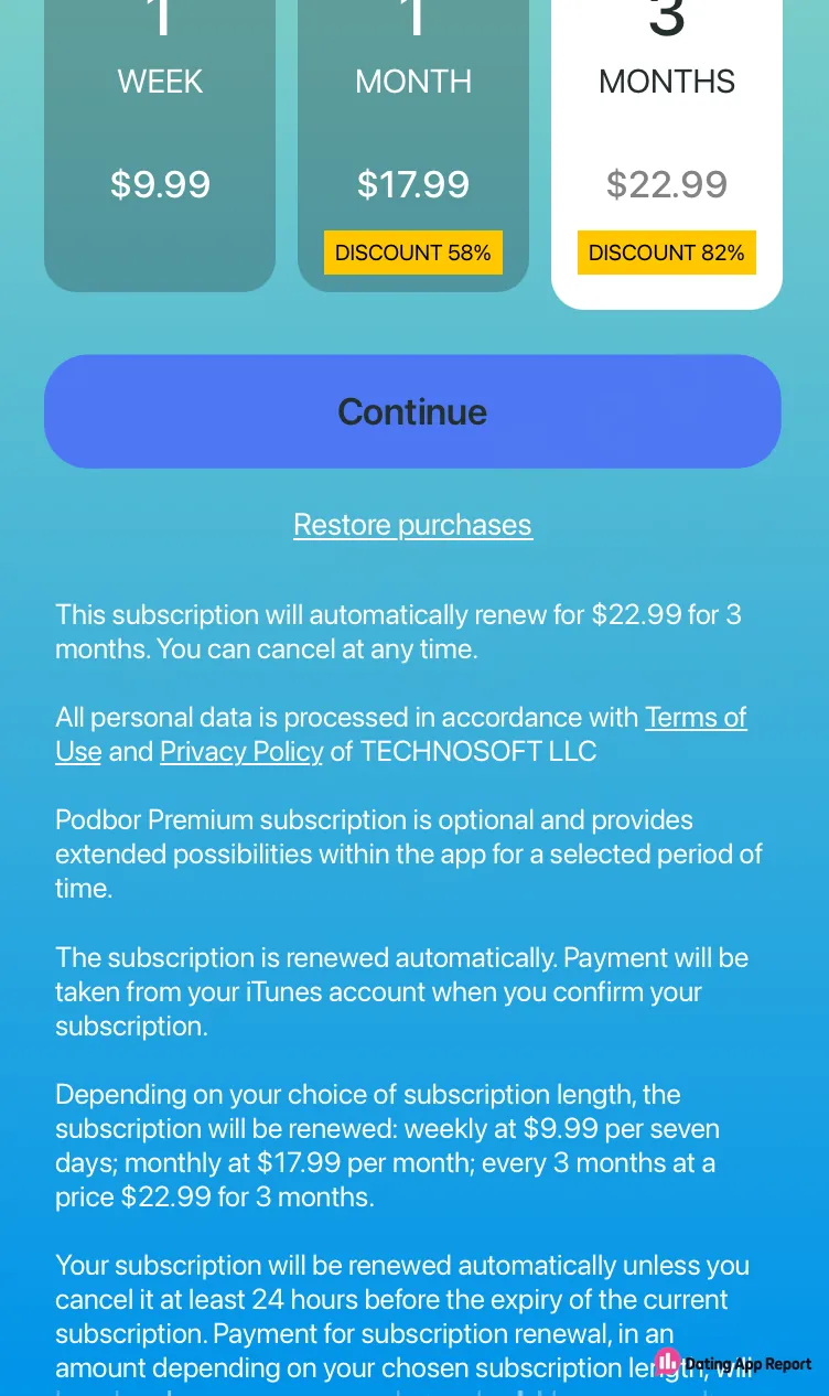 Podbor’s subscription disclosure says the subscription automatically renews for $22.99 every three months.