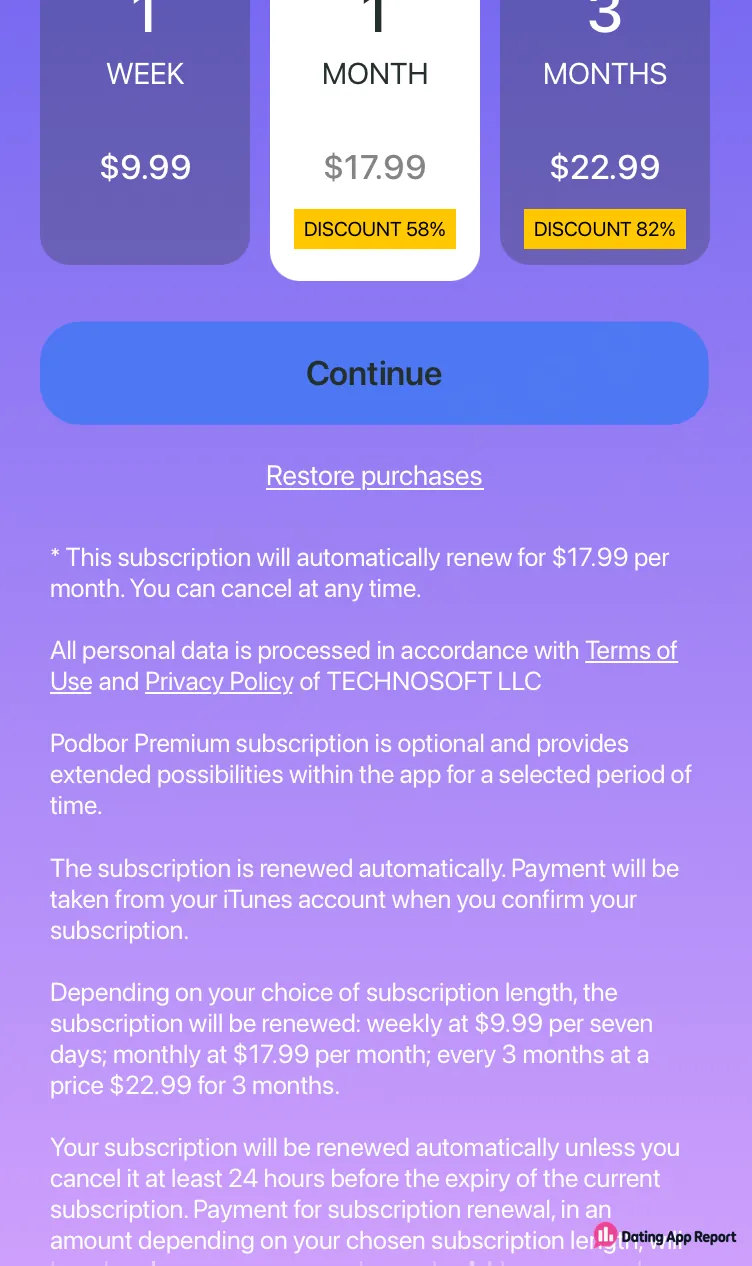 Podbor Premium plans: 1 week $9.99, 1 month $17.99, 3 months $22.99, all renewing automatically.