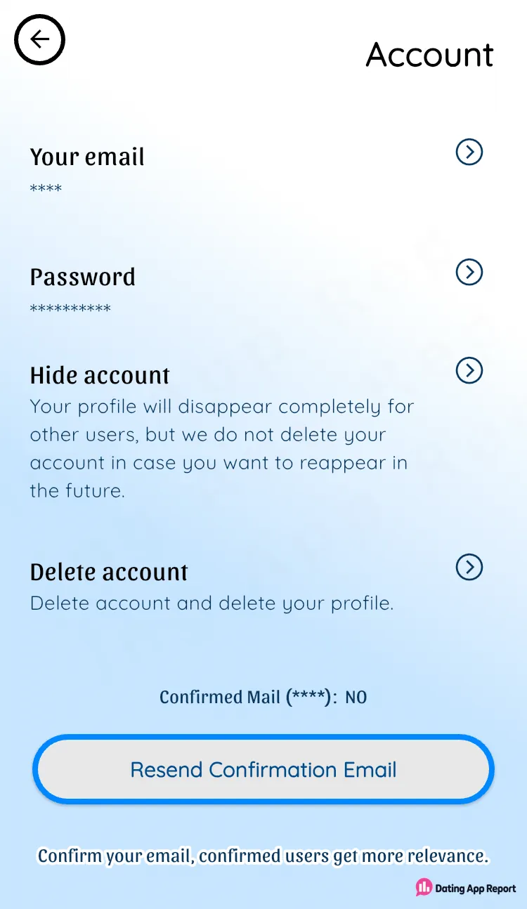 Christianical Account settings list email, password, Hide account and Delete account options, with an unconfirmed-email notice.