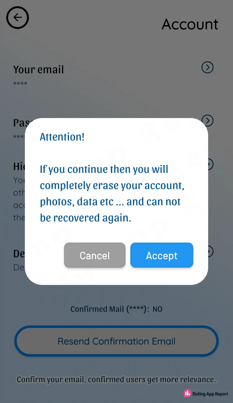A warning over the Account screen says continuing erases your account, photos and data, and they can't be recovered.