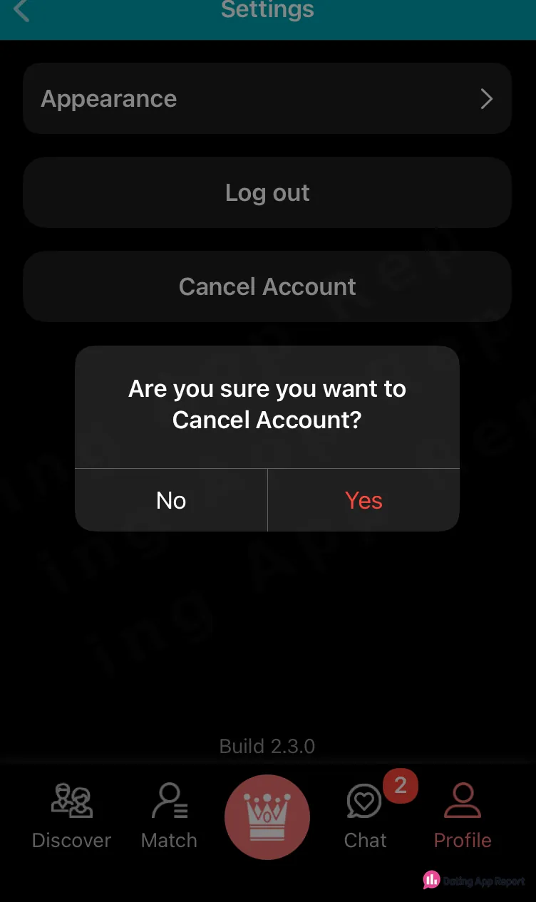 A confirmation dialog asks whether to cancel the account and offers No and Yes options.