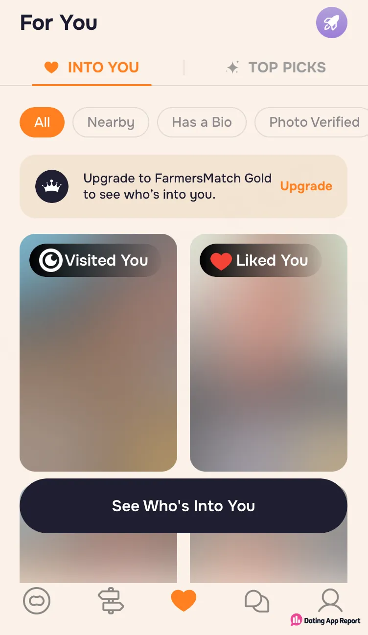 The Into You screen prompts users to upgrade to FarmersMatch Gold to see who is interested.