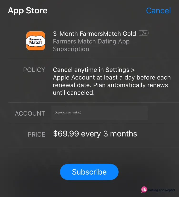 The App Store purchase sheet states that the subscription renews automatically until canceled.
