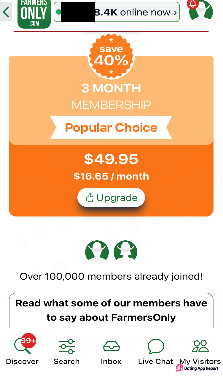 Upgrade page offering a three-month membership for $49.95, shown as $16.65 per month.