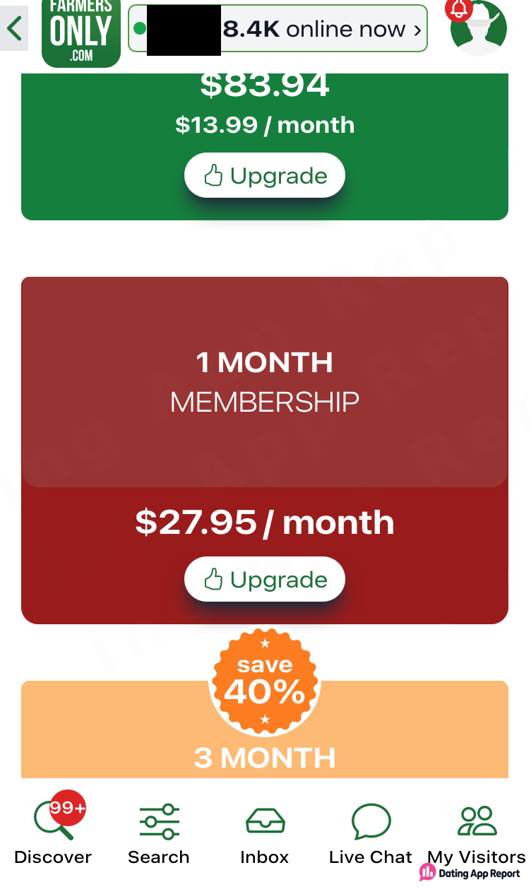 Upgrade page showing a one-month membership for $27.95 per month.