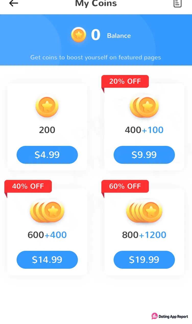 Coin packs for boosting on featured pages, priced $4.99 to $19.99, with a balance of zero coins.