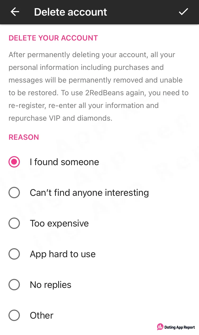 The account-deletion screen warns that purchases and messages will be permanently removed and cannot be restored.