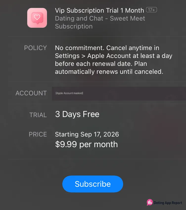 App Store subscription sheet showing three days free and $9.99 per month.