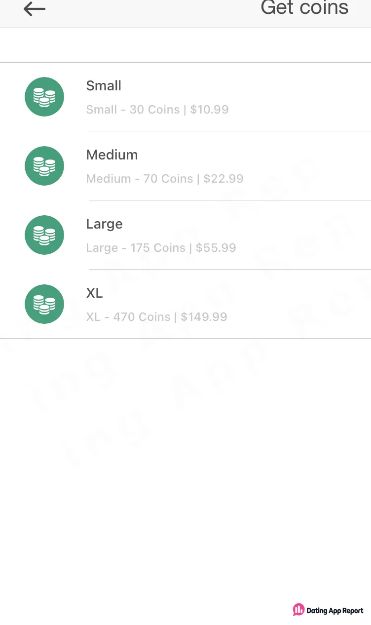 Get coins screen with four coin packs: 30 coins for $10.99, 70 for $22.99, 175 for $55.99, 470 for $149.99.