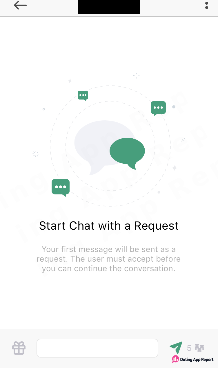 Empty chat screen: the first message is sent as a request the other user must accept; sending shows 5 coins.
