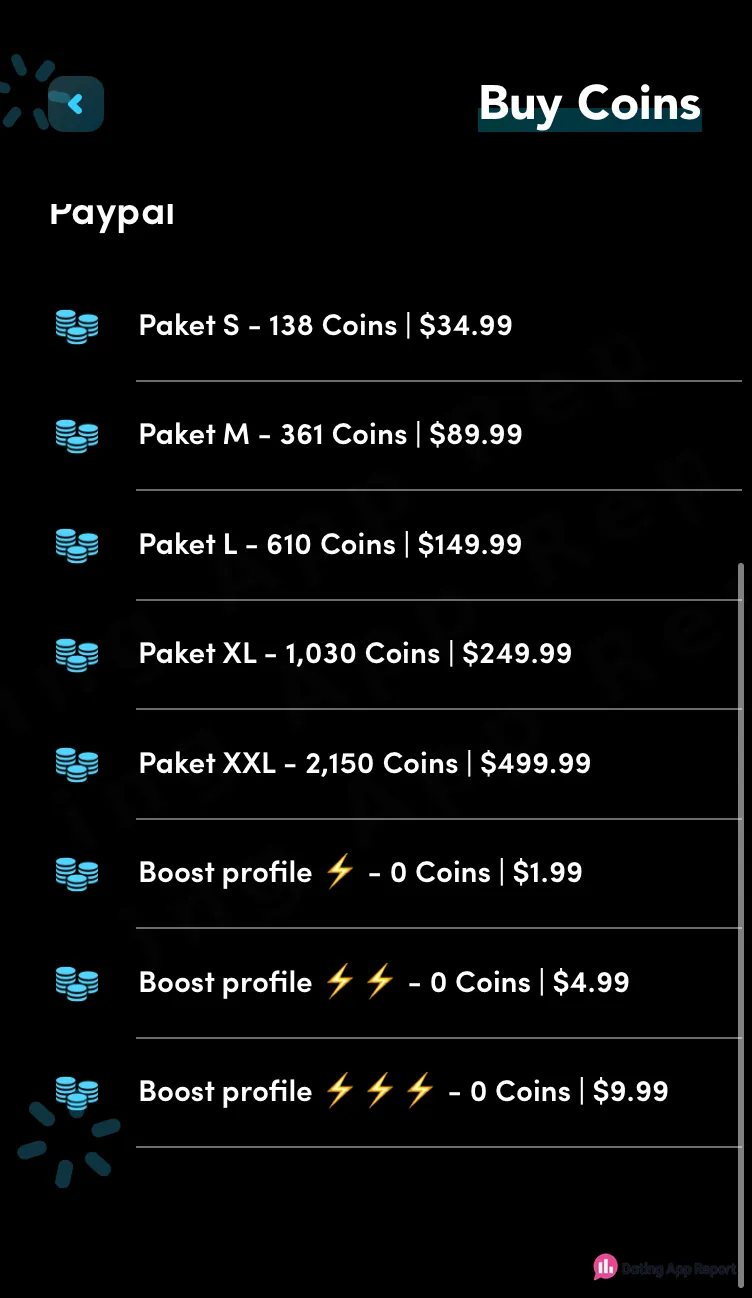 PayPal coin packages range from 138 coins for $34.99 to 2,150 coins for $499.99.