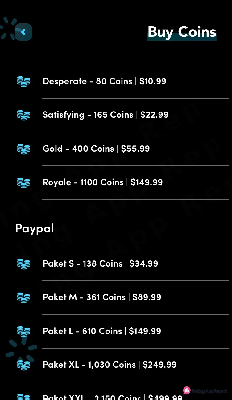 Coin packages listed from 80 coins for $10.99 through 1,100 coins for $149.99.