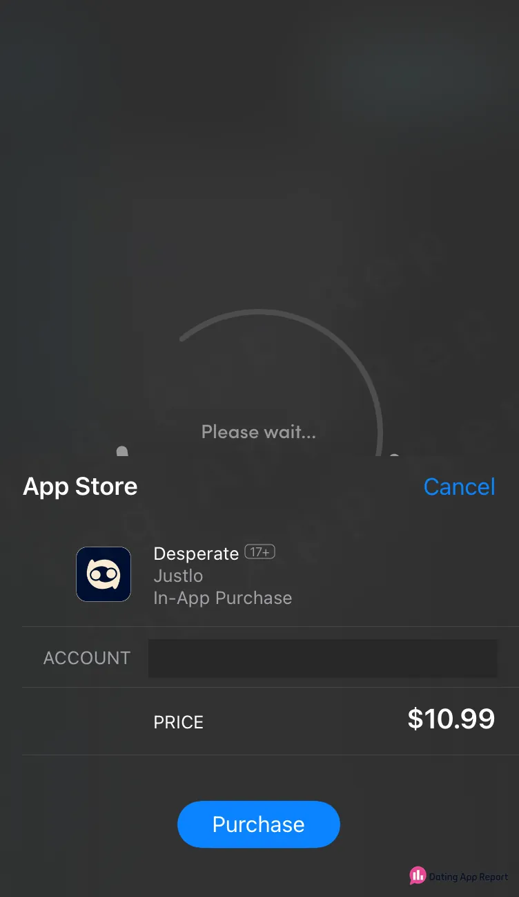 App Store purchase sheet showing the “Desperate” in-app purchase at $10.99.