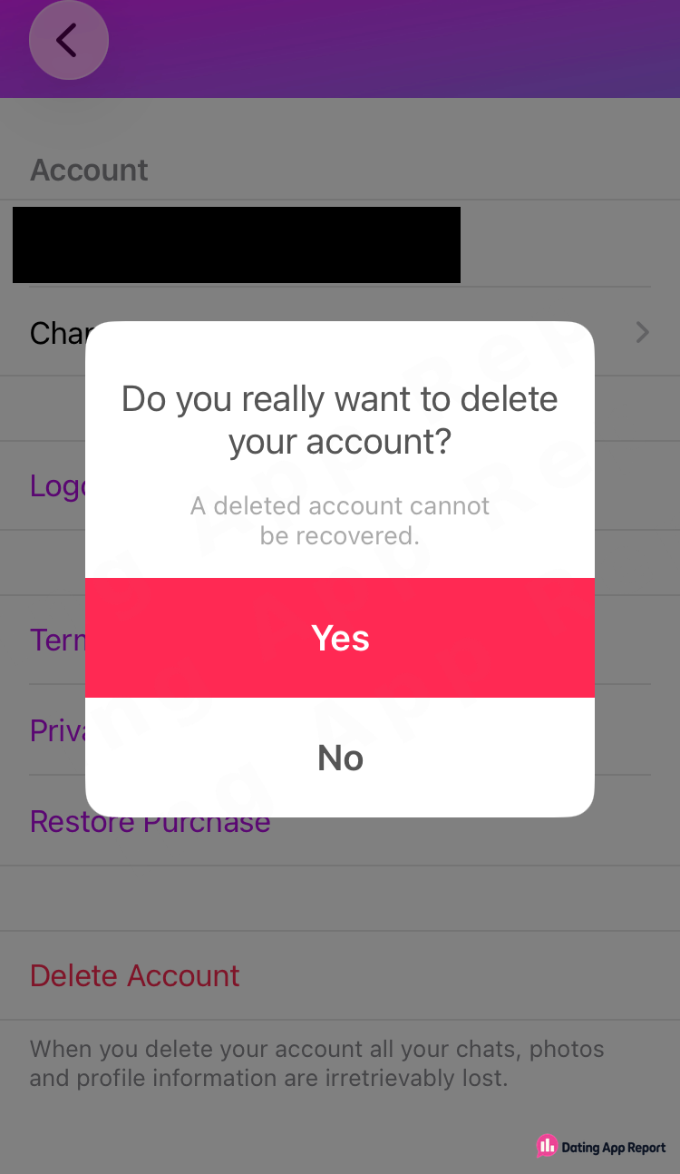 Account settings with a pop-up asking "Do you really want to delete your account?" offering Yes and No.