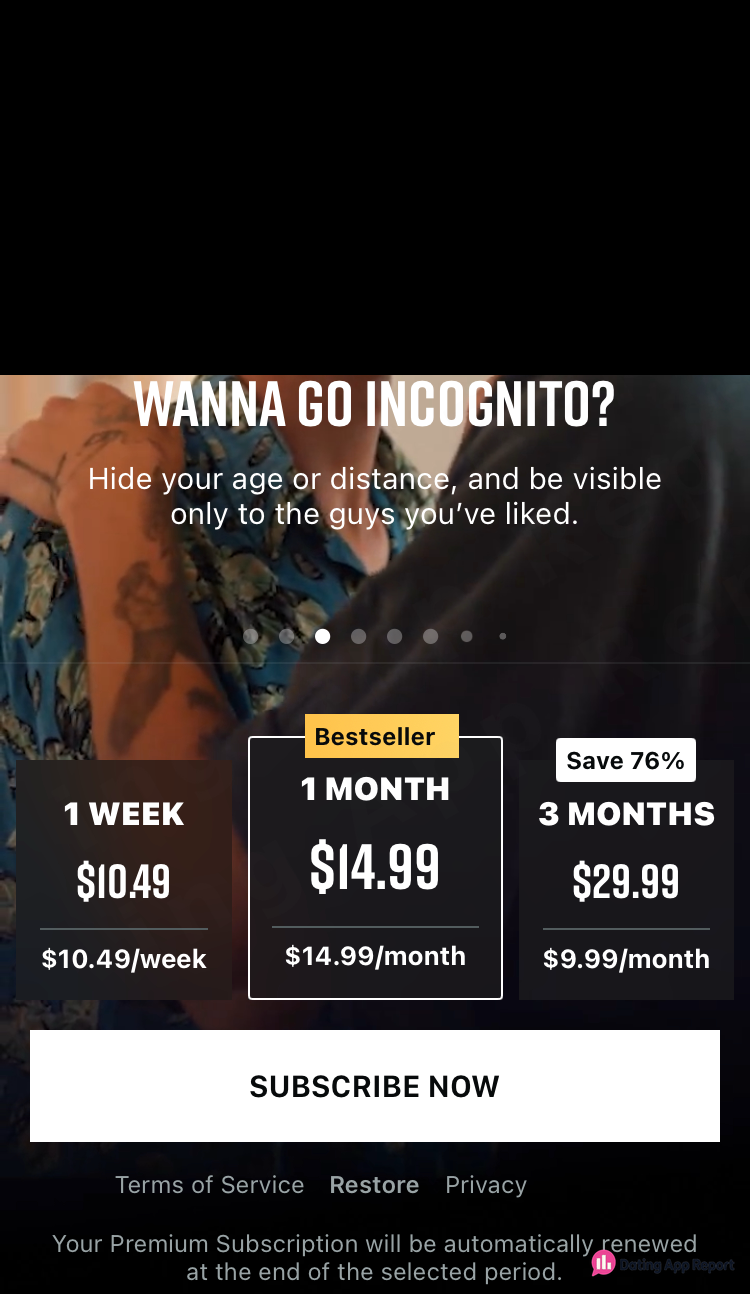 Premium plans cost $10.49 a week, $14.99 a month (Bestseller) or $29.99 for three months, with auto-renewal noted.