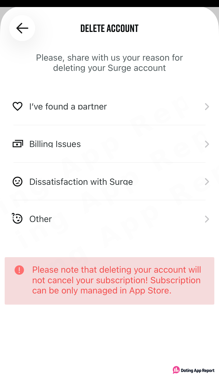 Delete Account screen asks for a reason and warns that deleting won't cancel your App Store subscription.