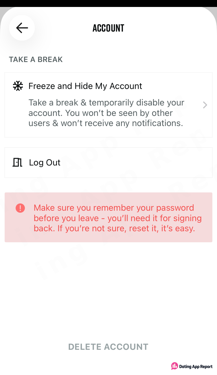 SURGE's Account screen lists Freeze and Hide My Account, Log Out, and a gray Delete Account link at the bottom.