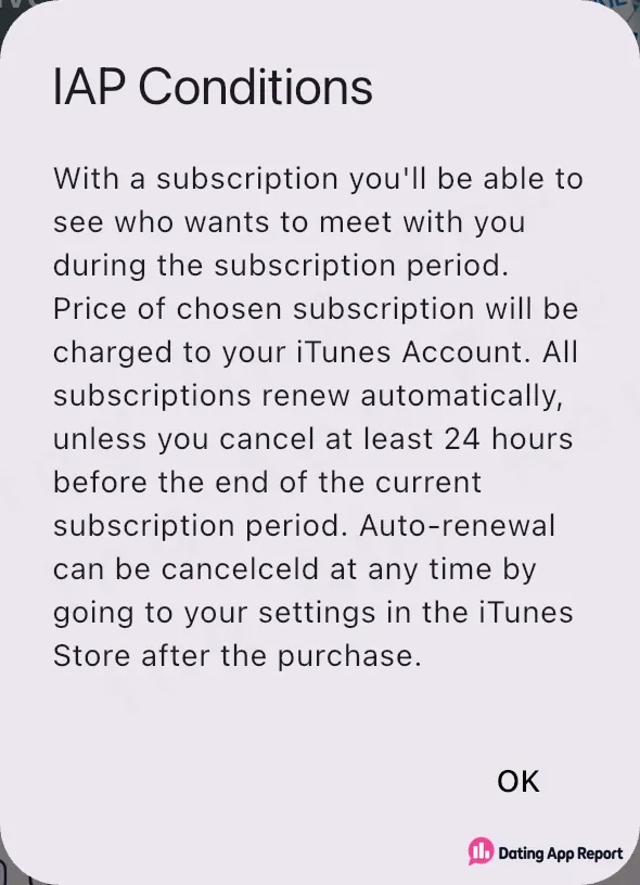 IAP Conditions dialog stating that subscriptions renew automatically unless canceled at least 24 hours before the current subscription period ends.