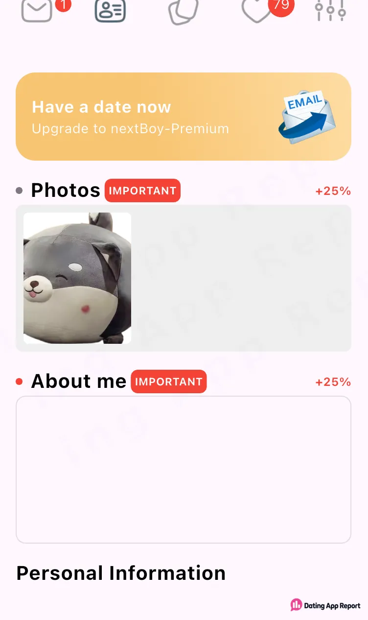 Profile editor with a Premium upgrade banner, one plush-toy photo, an empty About me box, and notification badges.