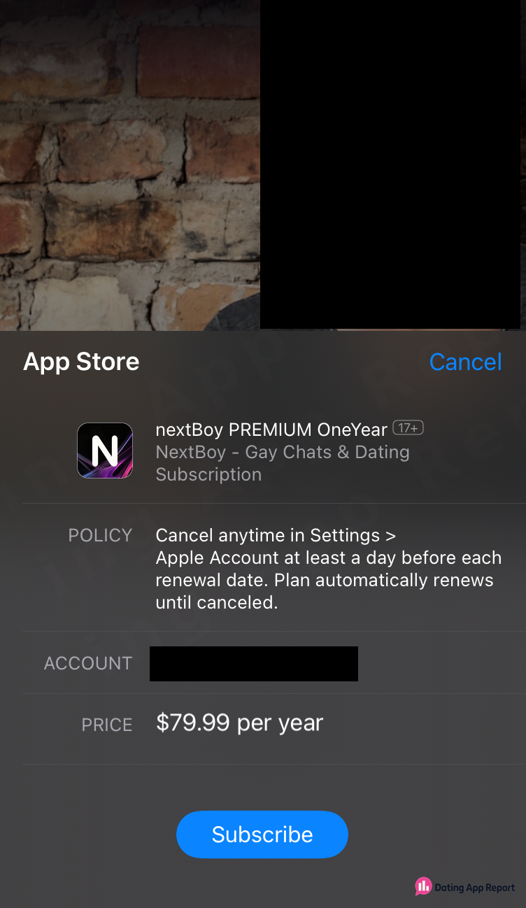 App Store purchase sheet for nextBoy PREMIUM OneYear at $79.99 per year, auto-renewing until canceled; account redacted.