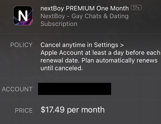 App Store purchase sheet showing nextBoy PREMIUM One Month at $17.49 per month; account information is redacted.