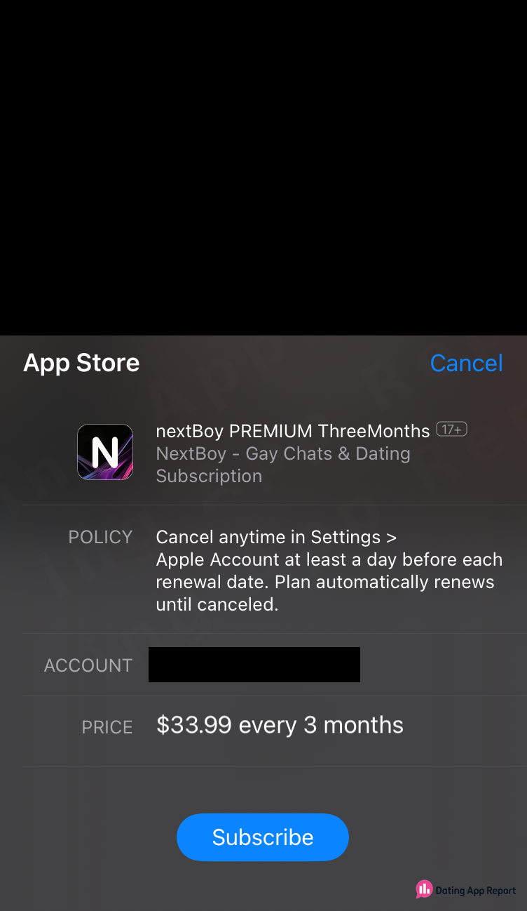 App Store purchase sheet for nextBoy PREMIUM ThreeMonths: $33.99 every 3 months, renews automatically until canceled; account redacted.