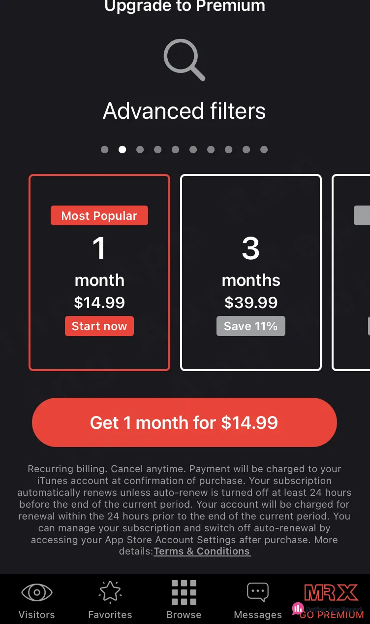 Premium purchase screen listing one month for $14.99 and three months for $39.99.