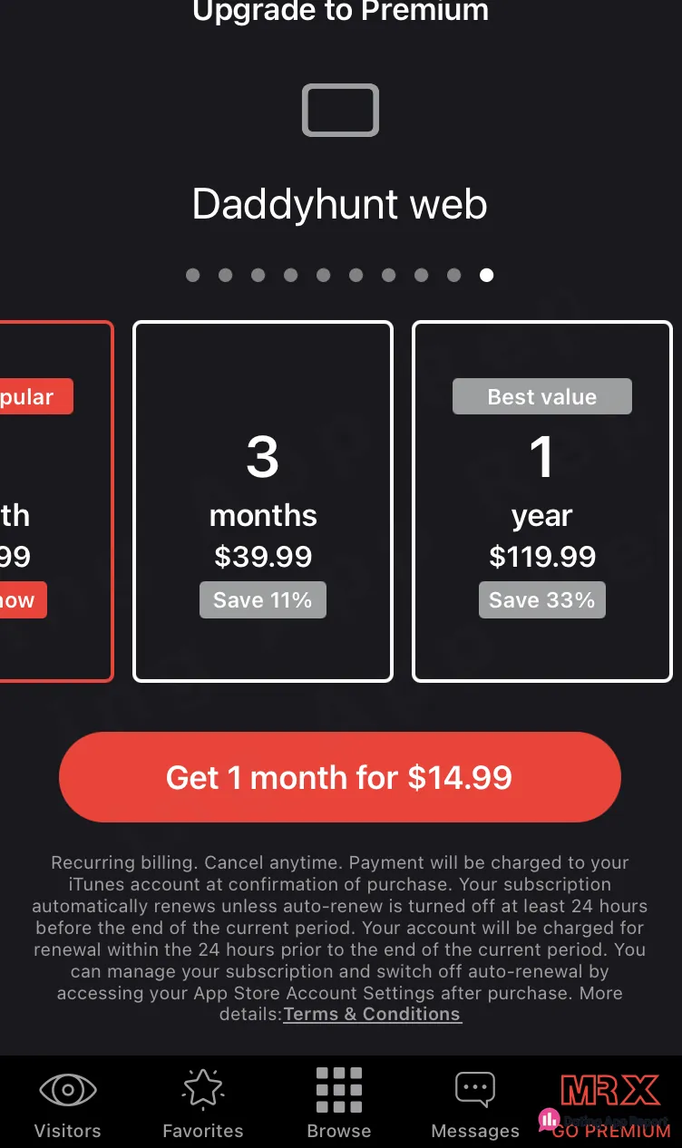 Premium upgrade screen listing plans: 1 month $14.99, 3 months $39.99, 1 year $119.99, auto-renewing.