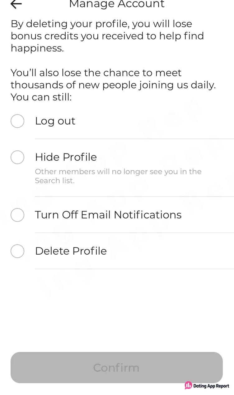Profile-deletion screen warning that received bonus credits will be lost.