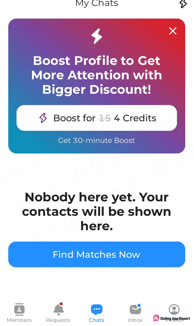 Empty My Chats screen saying "Nobody here yet," with a 30-minute Boost offer cut from 15 to 4 credits.