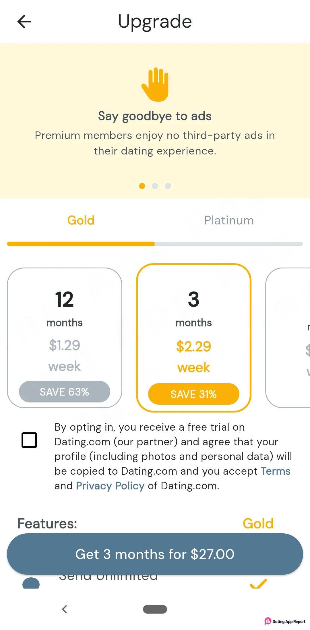 ChristianCupid's Gold upgrade screen lists 12 months at $1.29/week and 3 months at $2.29/week, with a $27.00 total button.