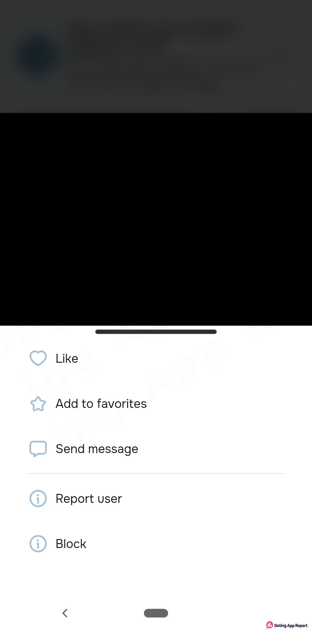A member's profile menu lists Like, Add to favorites, Send message, Report user and Block; the photo is redacted.