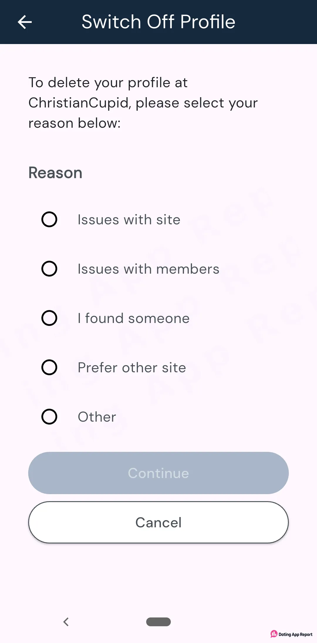 To delete your profile, you must pick one of five reasons; Continue stays grayed out until you choose one.