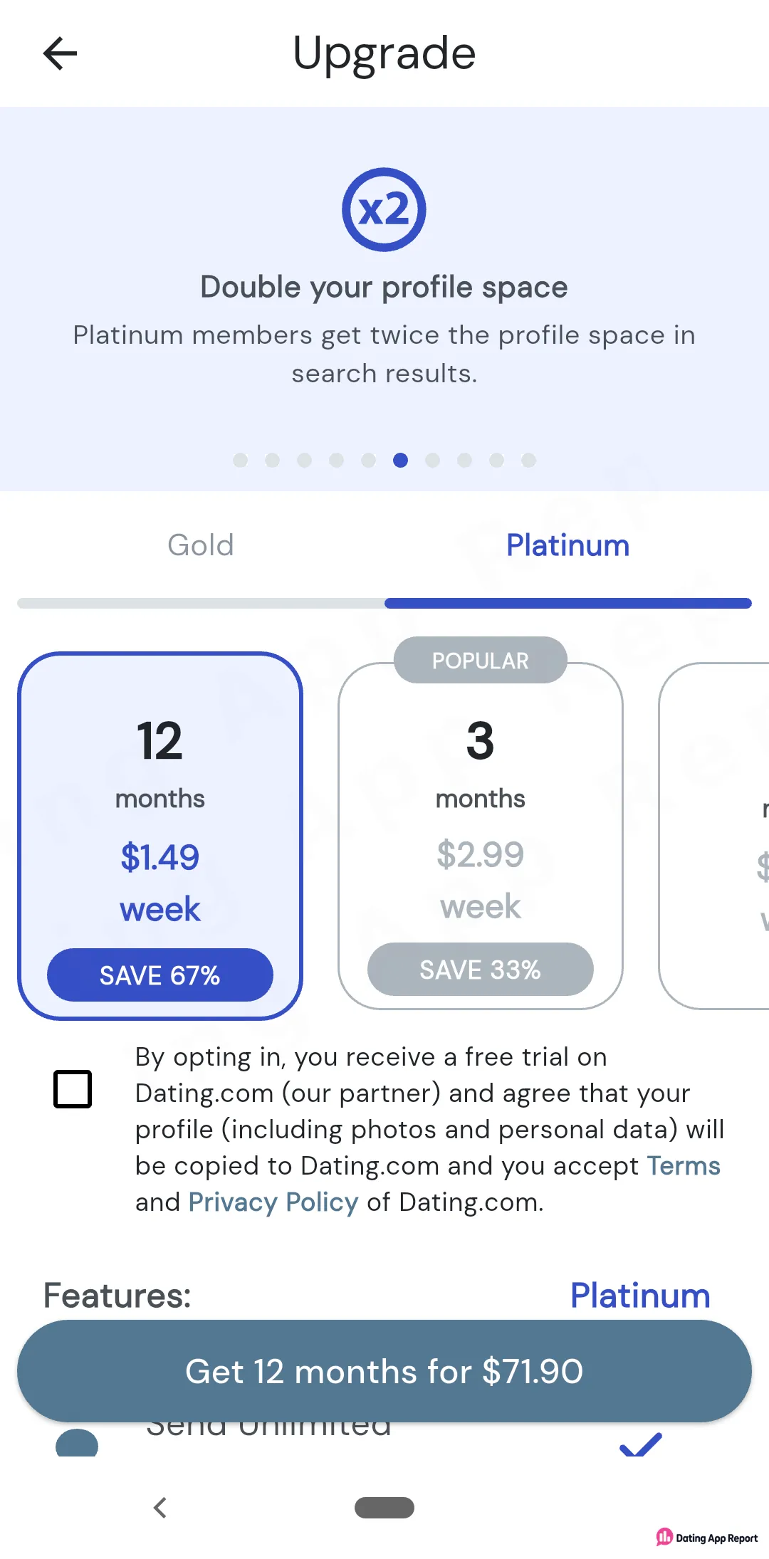 Platinum upgrade screen lists 12 months at $1.49/week and 3 months at $2.99/week, with "Get 12 months for $71.90".