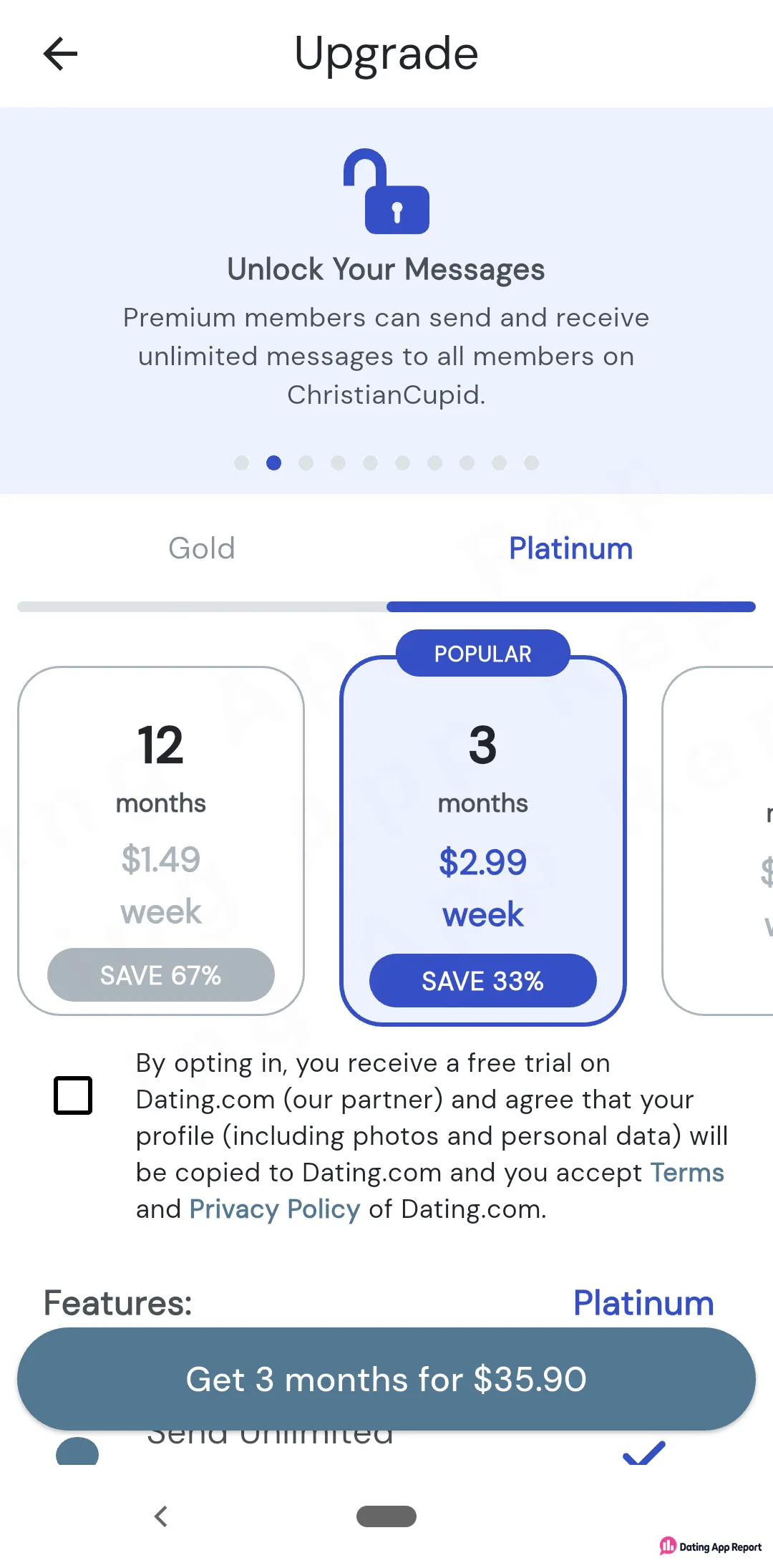 ChristianCupid Platinum plans: 12 months at $1.49 a week, 3 months at $2.99 a week ($35.90), with unticked Dating.com opt-in.