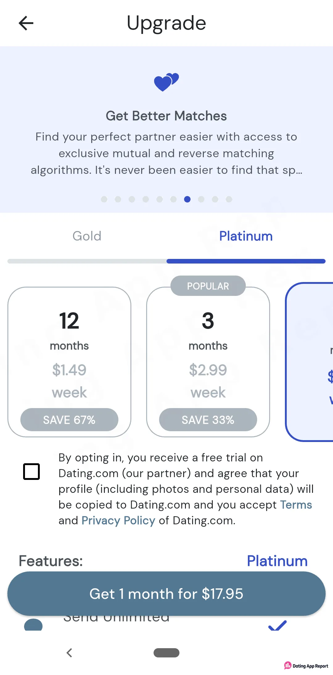 Platinum upgrade screen listing 12 months at $1.49/week, 3 months at $2.99/week, and 1 month for $17.95.