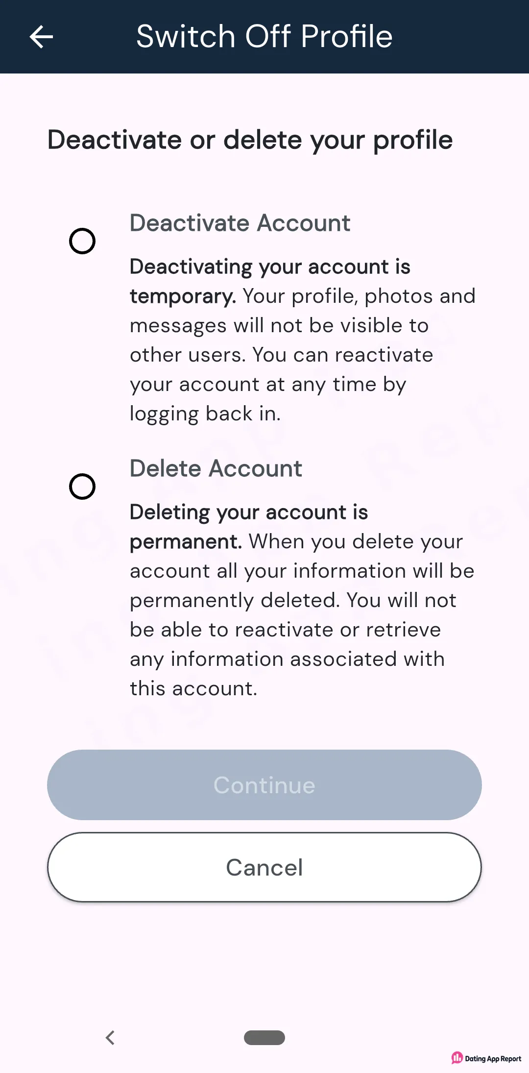 The Switch Off Profile screen lets you pick between temporary deactivation and permanent account deletion.