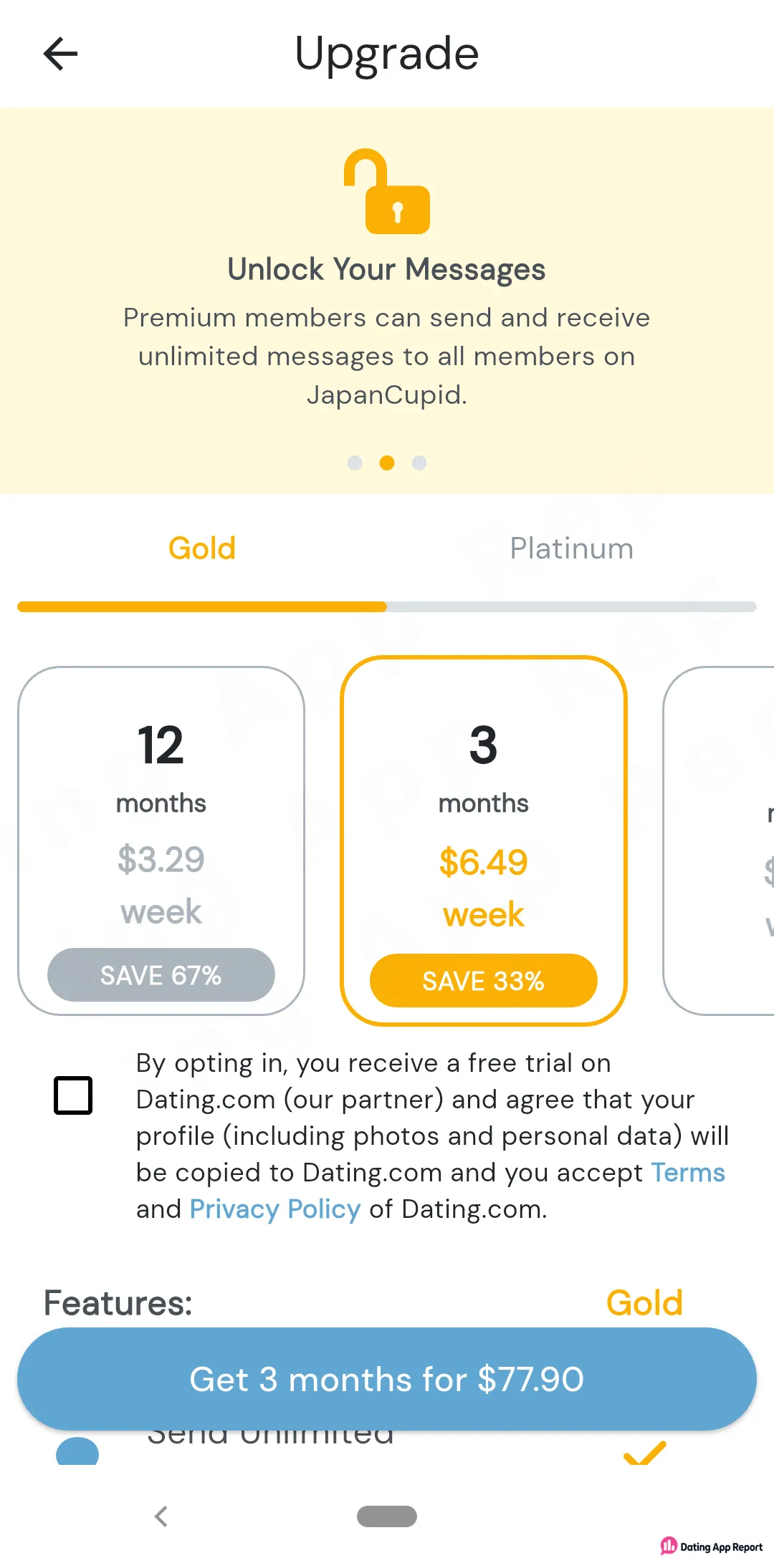 Gold plans: 12 months at $3.29 a week, 3 months at $6.49 a week for $77.90.
