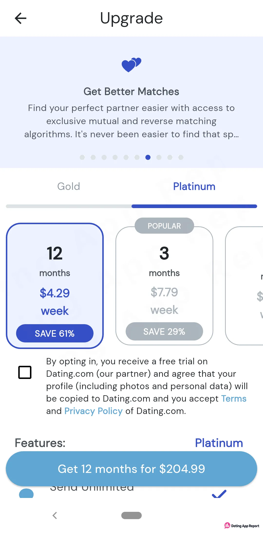 Platinum upgrade screen lists 12 months at $4.29/week ($204.99 total) and 3 months at $7.79/week, marked POPULAR.