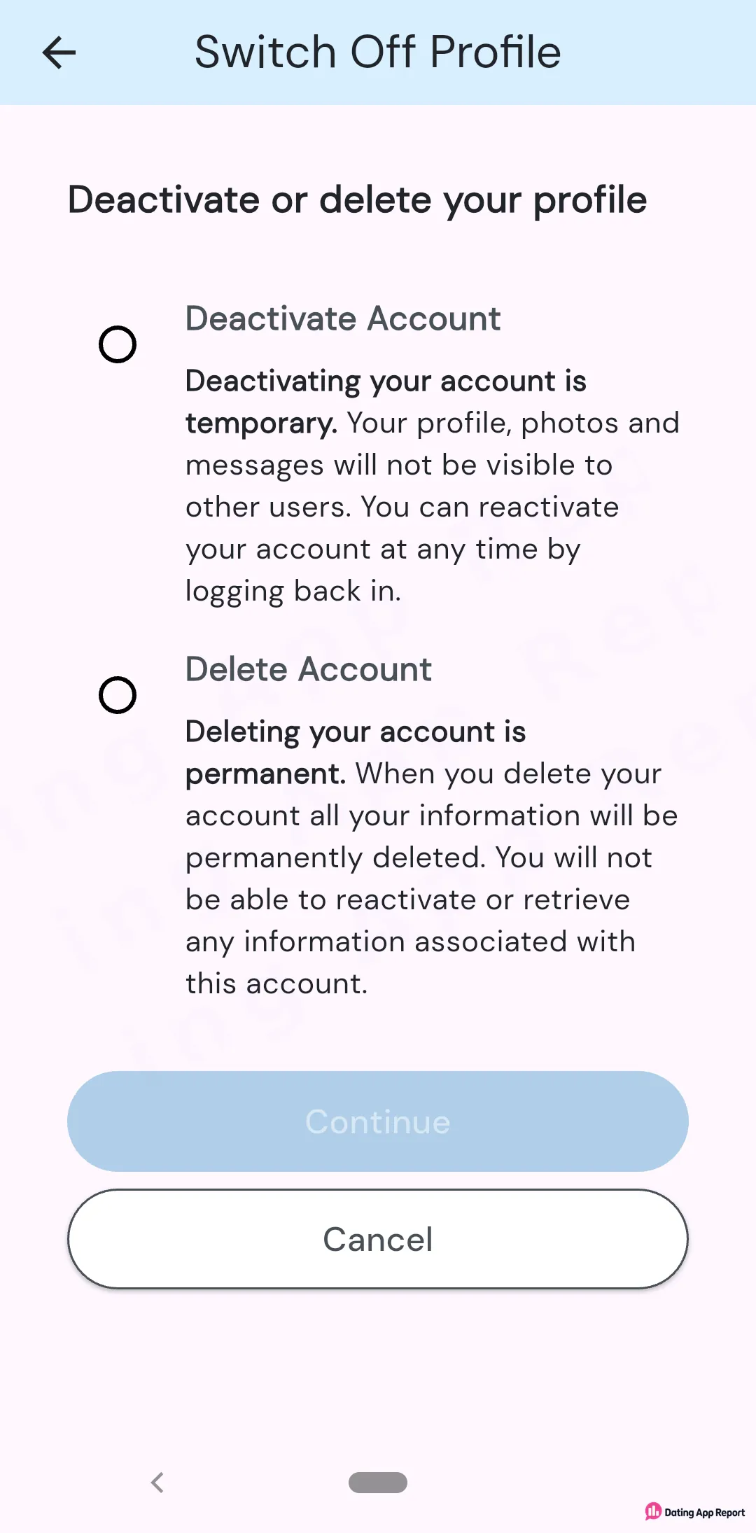 The Switch Off Profile screen lets you choose between temporary deactivation and permanent account deletion.