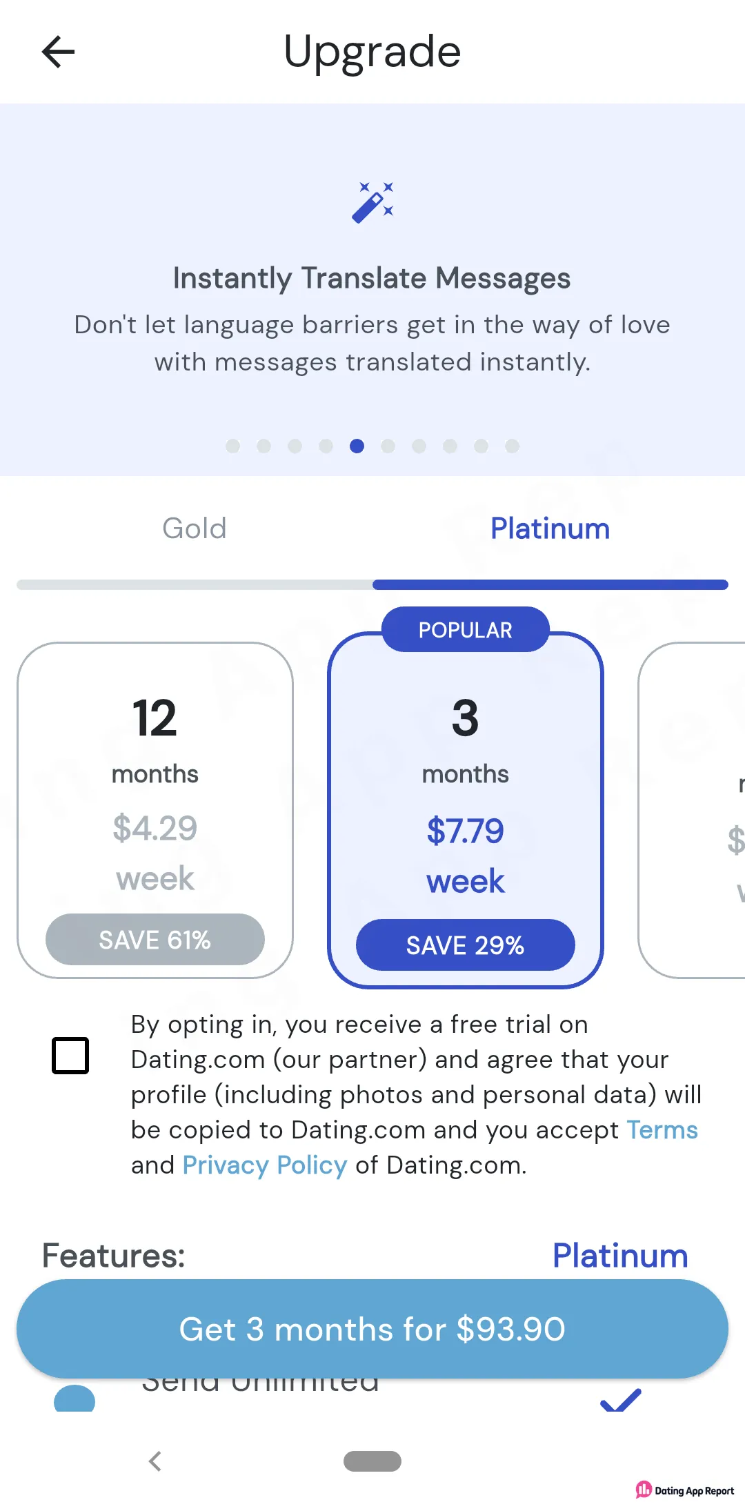 Platinum upgrade screen lists 12 months at $4.29/week and 3 months at $7.79/week, plus an unticked Dating.com opt-in.