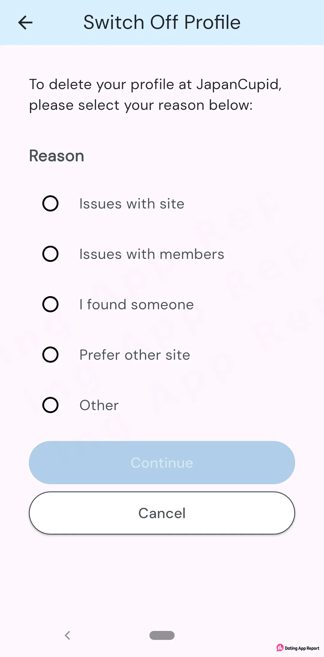 JapanCupid's Switch Off Profile screen asks you to pick a reason before deleting your profile, with Continue and Cancel buttons.