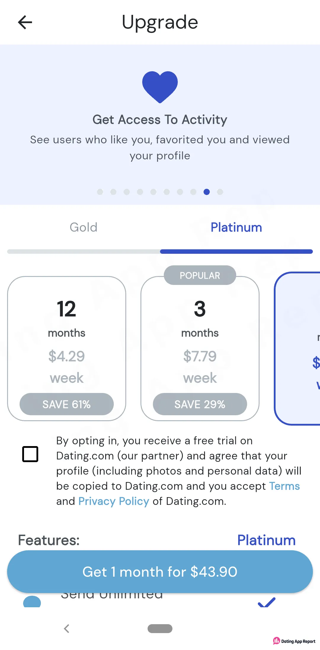 Platinum upgrade screen lists 12-month plan at $4.29/week, 3-month at $7.79/week, and a 1-month button for $43.90.