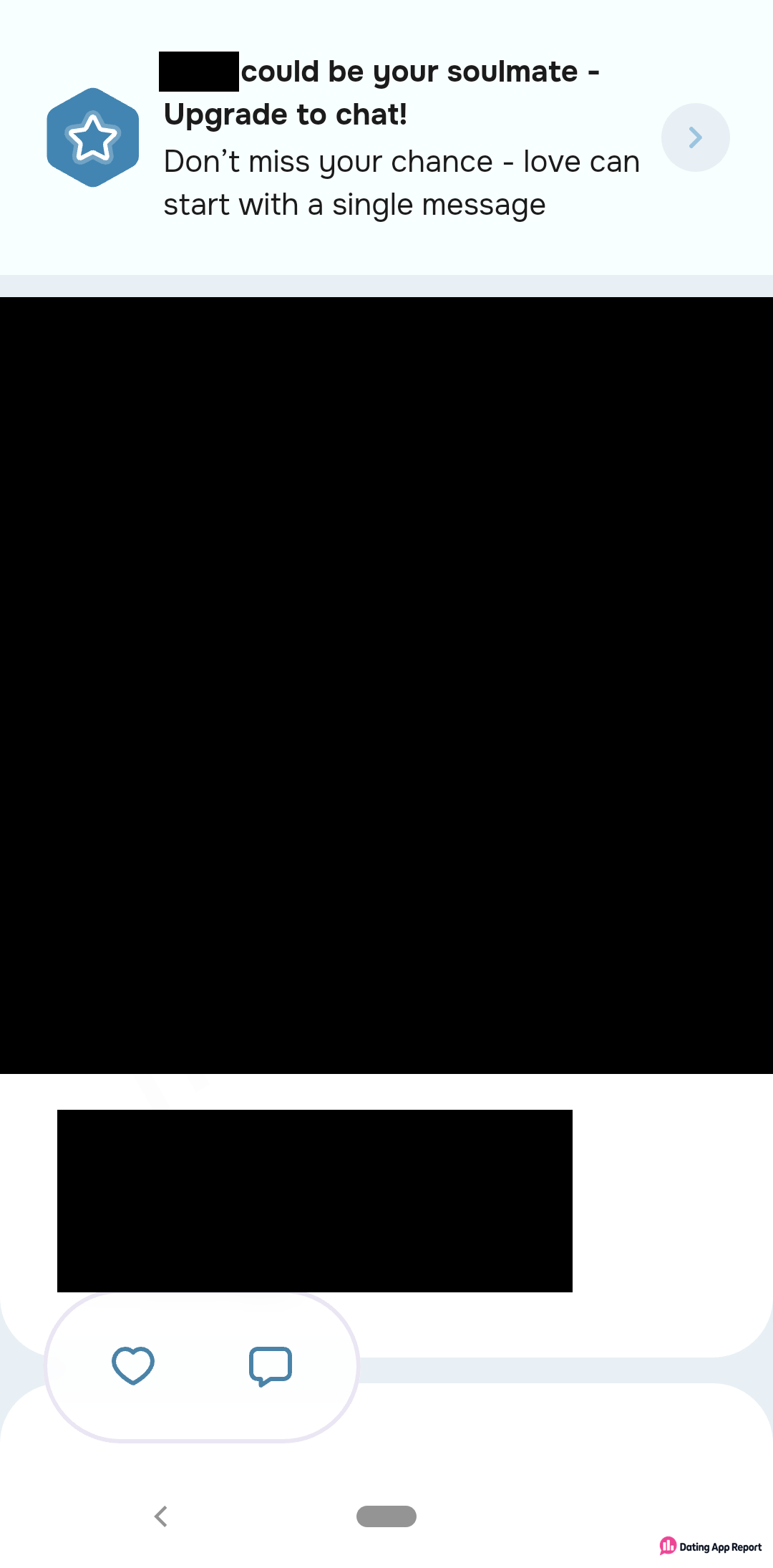 A member's profile with a banner saying "Upgrade to chat!" above the redacted photo, plus like and message buttons.