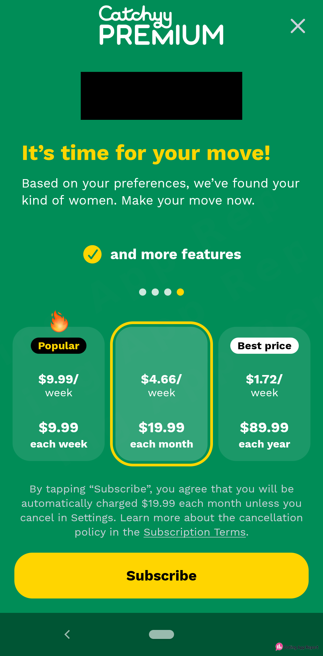 Catchyy PREMIUM paywall lists weekly, monthly and yearly plans, with a note that the monthly plan renews automatically.
