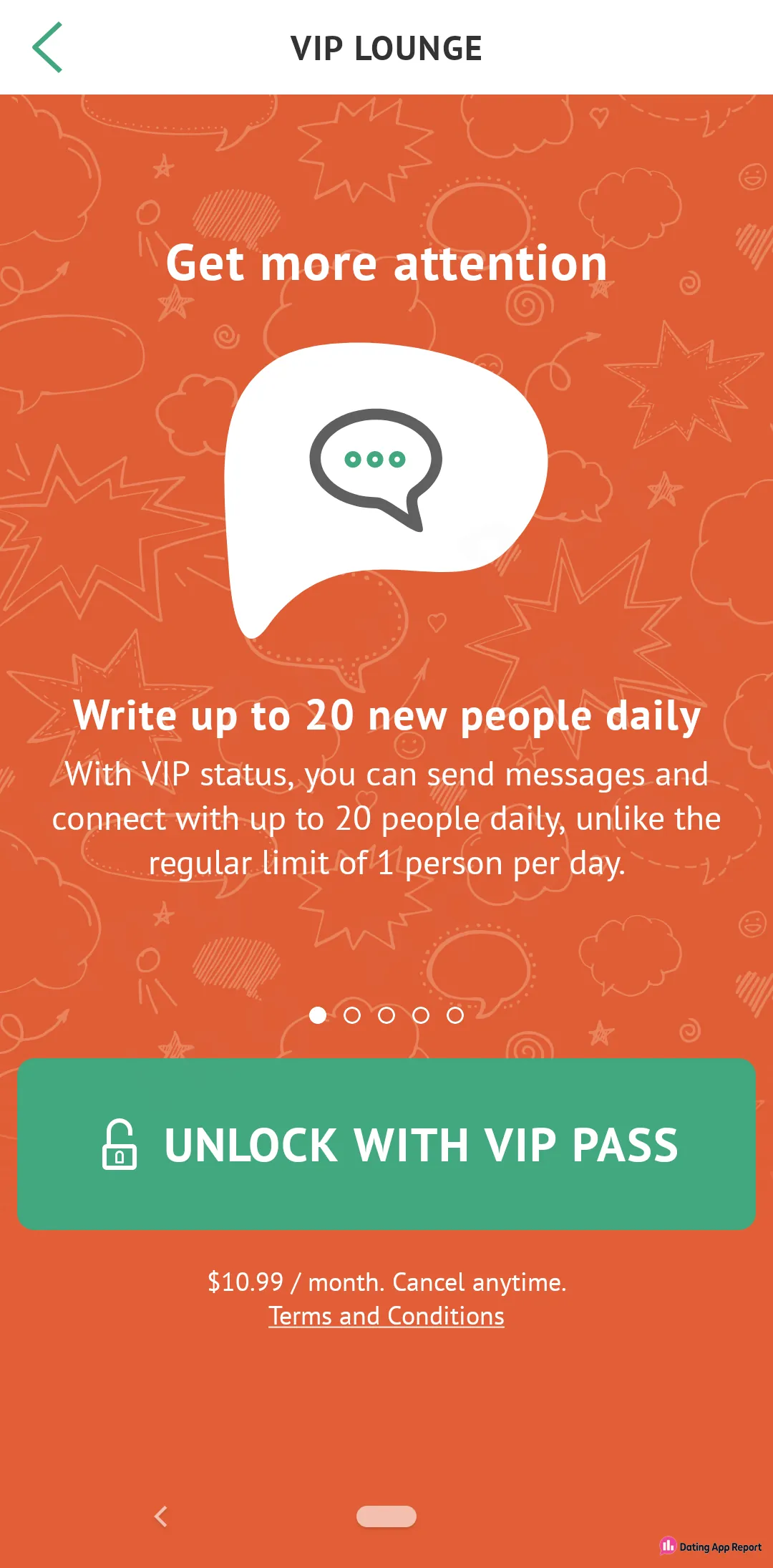 VIP Lounge screen saying VIP lets you message 20 new people daily versus 1 free, for $10.99/month.