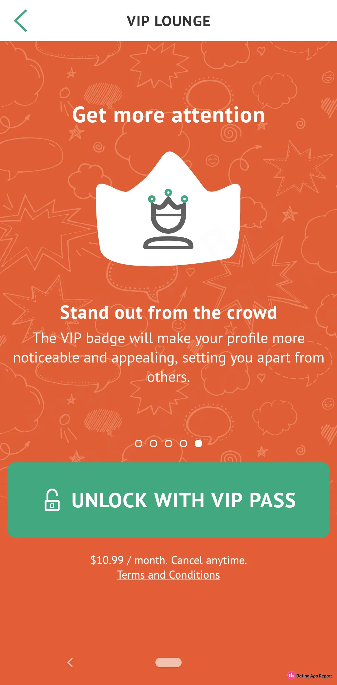 VIP Lounge screen promoting a VIP badge, with the pass priced at $10.99 a month, cancel anytime.