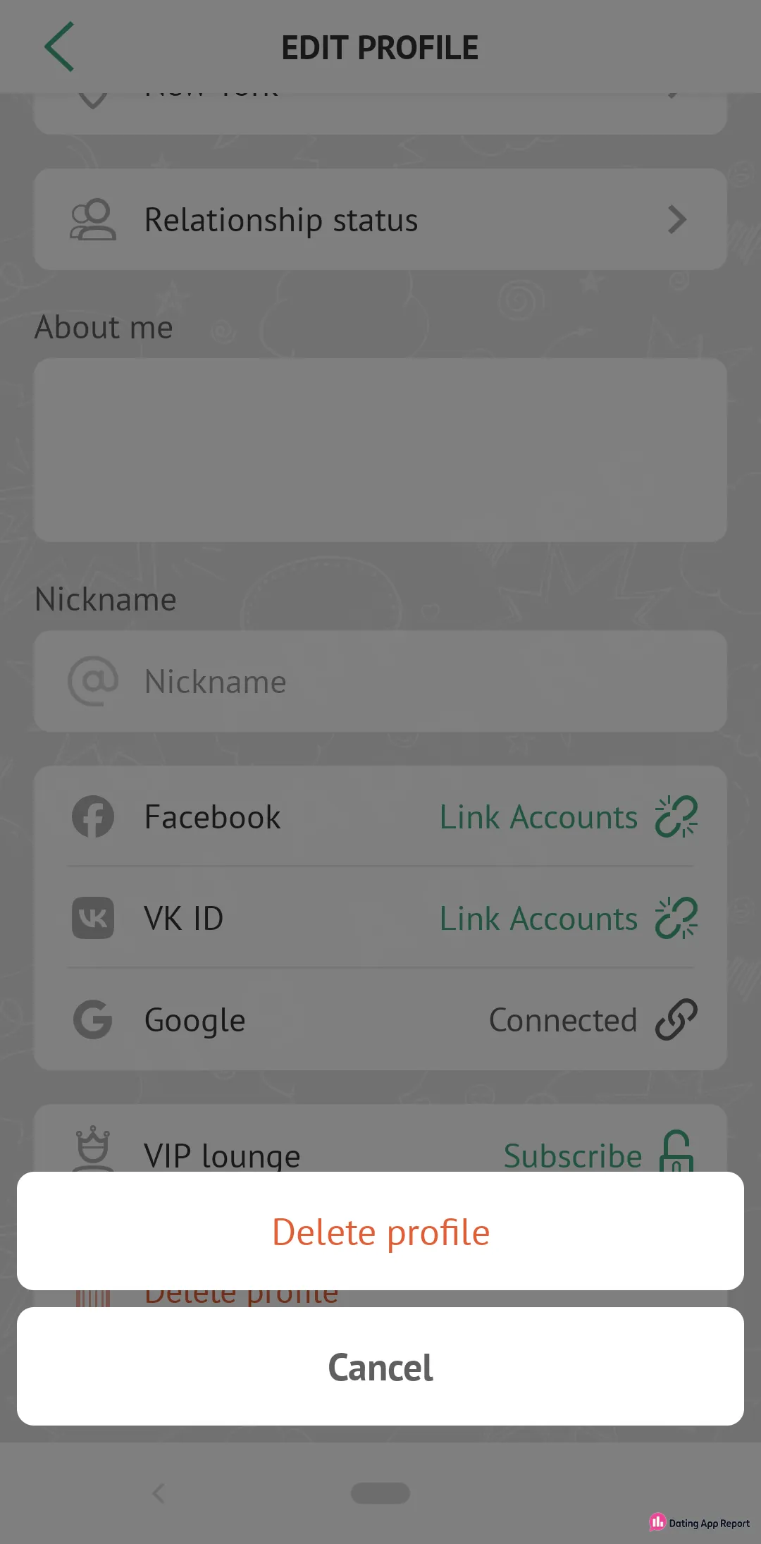 Edit Profile screen with a sheet offering "Delete profile" or "Cancel," below the VIP lounge Subscribe row.