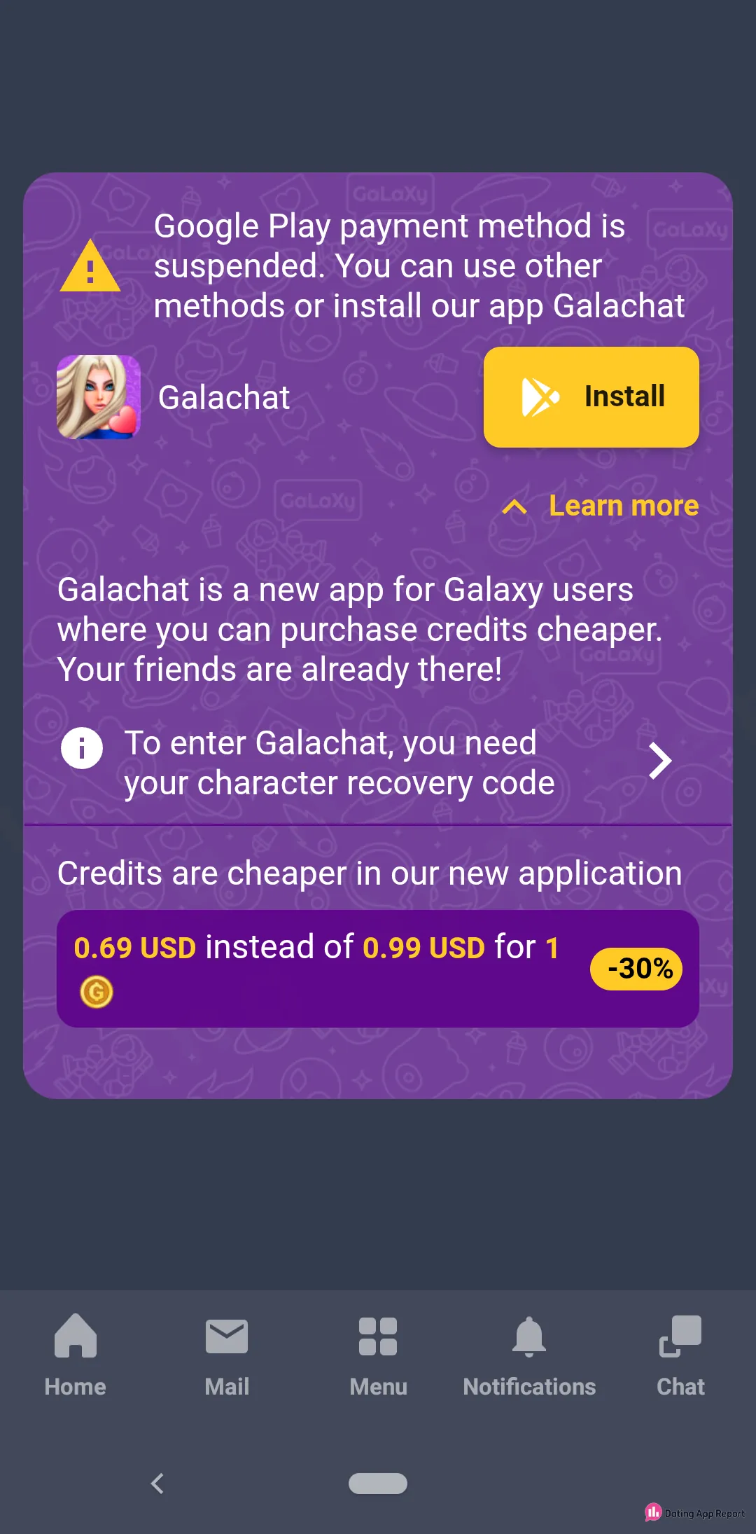 Top-up notice says Google Play payment is suspended and pushes Galachat, offering credits at 0.69 USD instead of 0.99 USD.